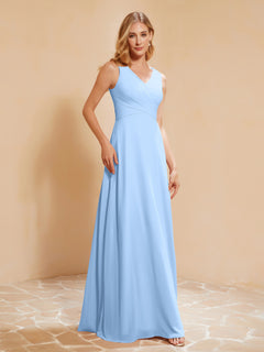 Pleated V-neck Chiffon A-line Dress With Bow Sky Blue