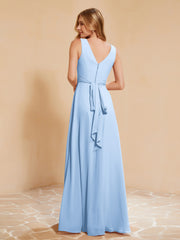 Pleated V-neck Chiffon A-line Dress With Bow Sky Blue