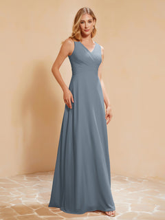 Pleated V-neck Chiffon A-line Dress With Bow Slate Blue