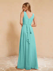 Pleated V-neck Chiffon A-line Dress With Bow Spa