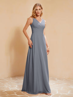 Pleated V-neck Chiffon A-line Dress With Bow Steel Grey