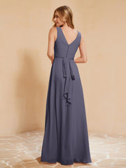 Pleated V-neck Chiffon A-line Dress With Bow Stormy