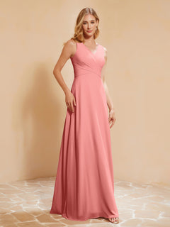 Pleated V-neck Chiffon A-line Dress With Bow Sunset