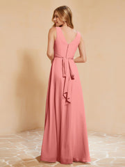 Pleated V-neck Chiffon A-line Dress With Bow Sunset