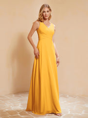 Pleated V-neck Chiffon A-line Dress With Bow Tangerine