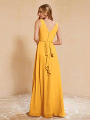 Pleated V-neck Chiffon A-line Dress With Bow Tangerine Plus Size