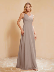 Pleated V-neck Chiffon A-line Dress With Bow Taupe
