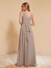 Pleated V-neck Chiffon A-line Dress With Bow Taupe Plus Size