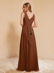 Pleated V-neck Chiffon A-line Dress With Bow Terracotta