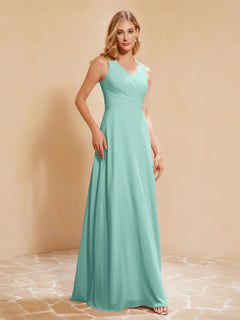 Pleated V-neck Chiffon A-line Dress With Bow Turquoise