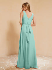 Pleated V-neck Chiffon A-line Dress With Bow Turquoise