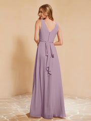 Pleated V-neck Chiffon A-line Dress With Bow Vintage Mauve