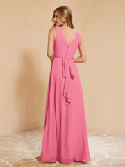 Pleated V-neck Chiffon A-line Dress With Bow Watermelon