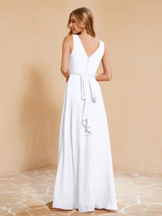 Pleated V-neck Chiffon A-line Dress With Bow White