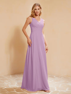 Pleated V-neck Chiffon A-line Dress With Bow Wisteria