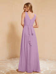 Pleated V-neck Chiffon A-line Dress With Bow Wisteria