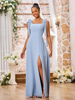 Double Bows Straps Square Neck Chiffon Dresses with Slit Dusty Blue