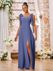 Double Bows Straps Square Neck Chiffon Dresses with Slit Periwinkle