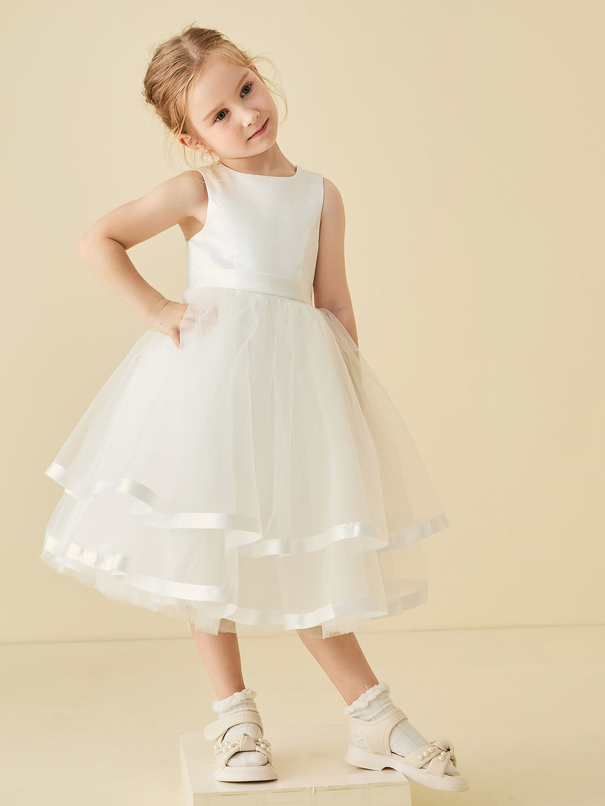 Simple Satin Flower Girl Dress Sleeveless Skirt Elegant A-Line Flower Birthday Dresses