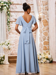 A-line V-neck Chiffon Long Dresses with Cap Sleeves Dusty Blue
