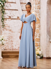 A-line V-neck Chiffon Long Dresses with Cap Sleeves Dusty Blue
