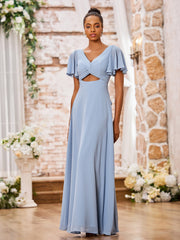 A-line V-neck Chiffon Long Dresses with Cap Sleeves Dusty Blue