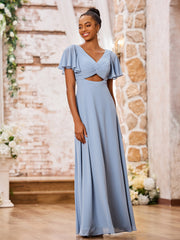 A-line V-neck Chiffon Long Dresses with Cap Sleeves Dusty Blue