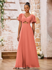 A-line V-neck Chiffon Long Dresses with Cap Sleeves Sunset