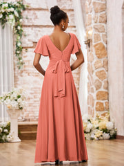 A-line V-neck Chiffon Long Dresses with Cap Sleeves Sunset