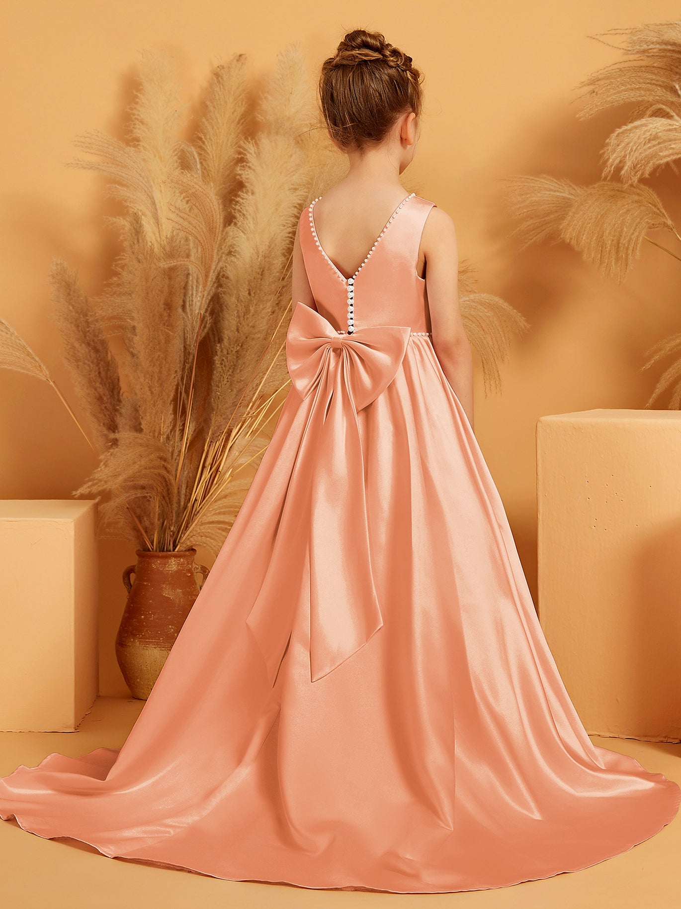 A-Line Bow Satin Dress with Pearl Papaya BABARONI A-Line Bow Satin Dress with Pearl Papaya BABARONI