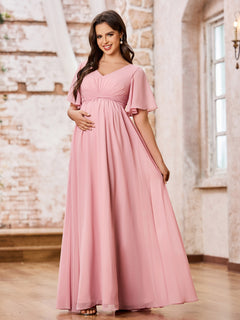 A-line V-neck Cap Sleeves Empire Chiffon Maxi Dresses Dusty Rose