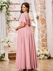 A-line V-neck Cap Sleeves Empire Chiffon Maxi Dresses Dusty Rose