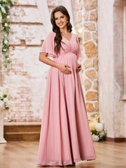 A-line V-neck Cap Sleeves Empire Chiffon Maxi Dresses Dusty Rose