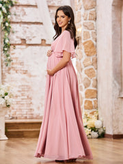 A-line V-neck Cap Sleeves Empire Chiffon Maxi Dresses Dusty Rose