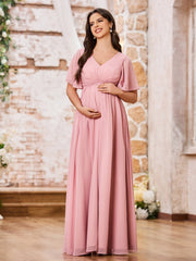 A-line V-neck Cap Sleeves Empire Chiffon Maxi Dresses Dusty Rose
