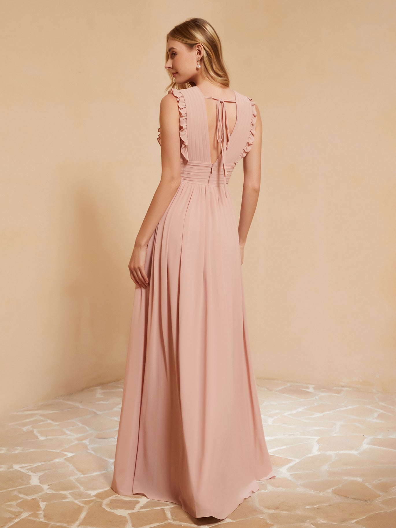 Pleated V-neck Cap Sleeve Ruffle Sheath Long Dress Dusty Rose main image 1