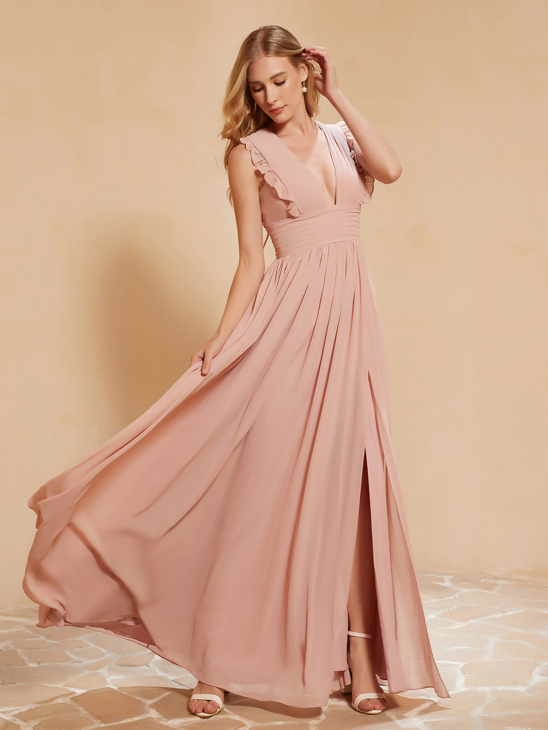 Pleated High Neck Ruffle Chiffon Floor-length Dress Dusty Rose
