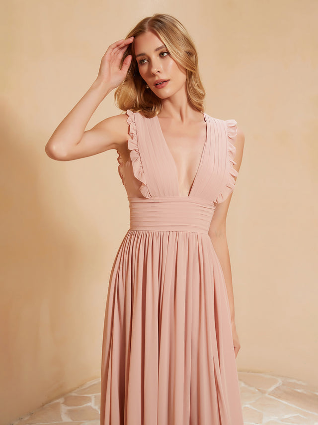 Pleated V-neck 3/4 Sleeves Applique Chiffon Dress Dusty Rose main image 1