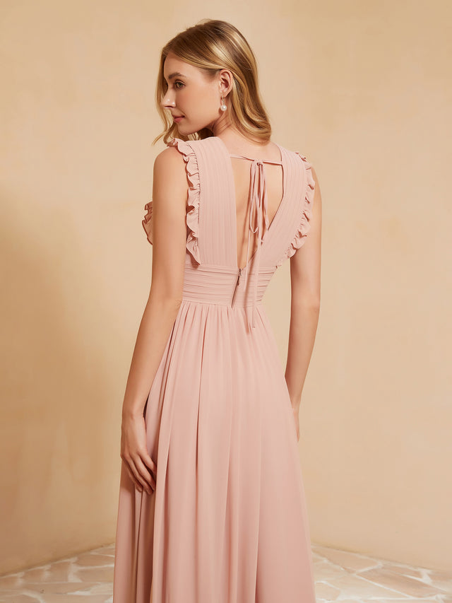 Plunging V-Neck Satin Dress With Slit Dusty Rose