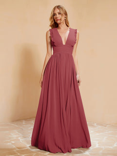 Plunging V-neck Ruffles Pleated Dress With Silt Burgundy