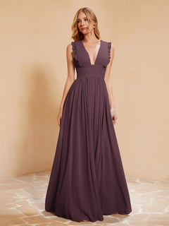 Plunging V-neck Ruffles Pleated Dress With Silt Cabernet