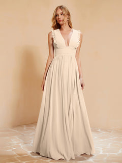 Plunging V-neck Ruffles Pleated Dress With Silt Champagne