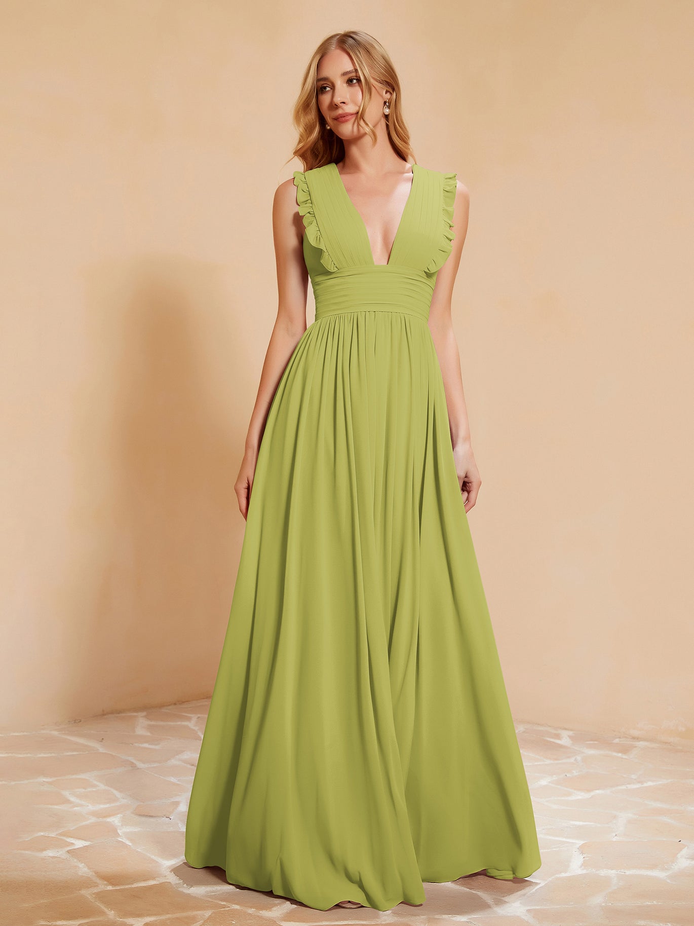 clover colored bridesmaid dresses Clover Green Bridesmaid Dresses Chic Bateau Neckline Ruffle Short Sleeves Sheath/Column Chiffon Bridesmaid Dress with Slit