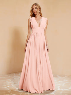 Plunging V-neck Ruffles Pleated Dress With Silt Coral