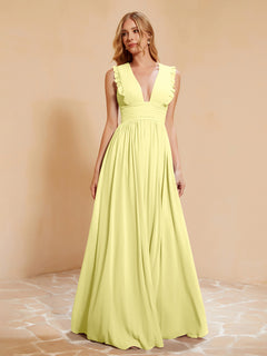 Plunging V-neck Ruffles Pleated Dress With Silt Daffodil