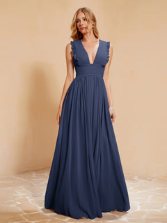 Plunging V-neck Ruffles Pleated Dress With Silt Dark Navy