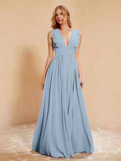 Plunging V-neck Ruffles Pleated Dress With Silt Dusty Blue