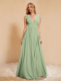 Plunging V-neck Ruffles Pleated Dress With Silt Dusty Sage