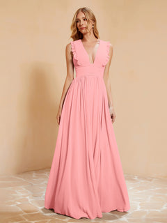 Plunging V-neck Ruffles Pleated Dress With Silt Flamingo