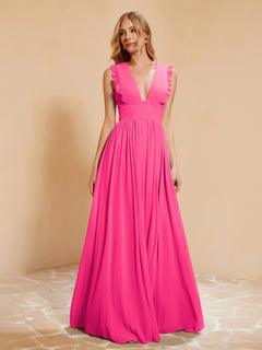 Plunging V-neck Ruffles Pleated Dress With Silt Fuchsia